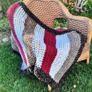 Handmade Crochet Throw Blanket 50”x34” Open Weave Red White Browns Striped Boho
